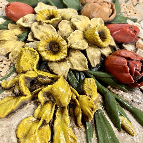 Vintage BOSSONS Style Handpainted Spring Flowers Chalkware Wall Plaque Decor 14” - Picture 8 of 9